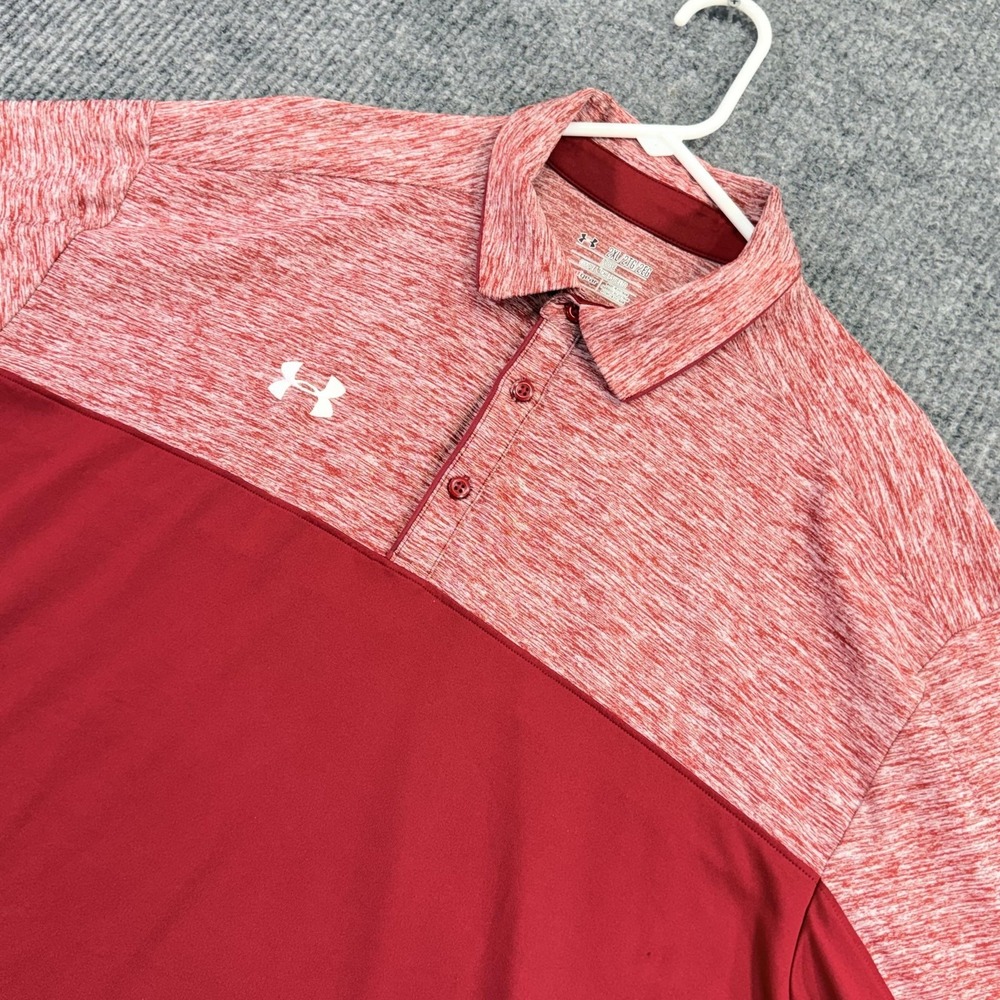 Under Armour HeatGear Polo Shirt Mens 2XL Red Colorblock Golf Performance Top